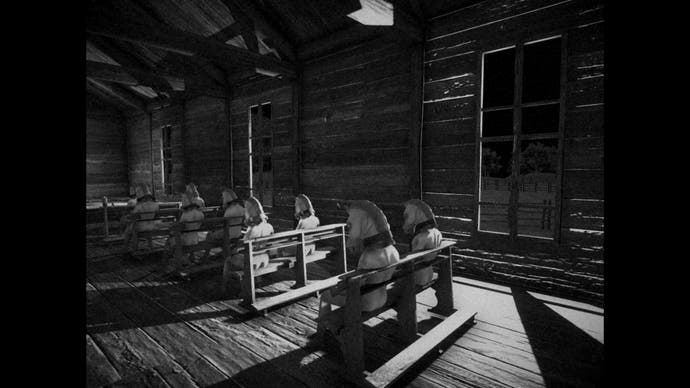 A grainy, black and white image of what appears to be a wooden church interior, where rows of small pews are sat on by people wearing... horse heads.