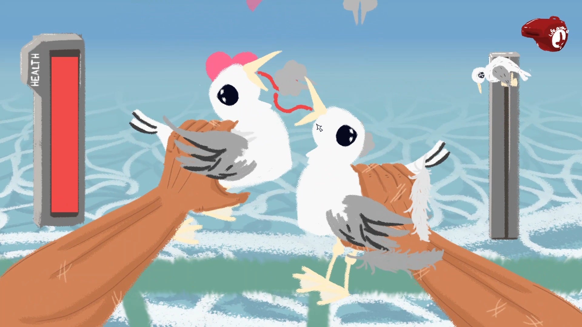 Two hands hold two seagulls with entwined tongues in Hot Seagulls