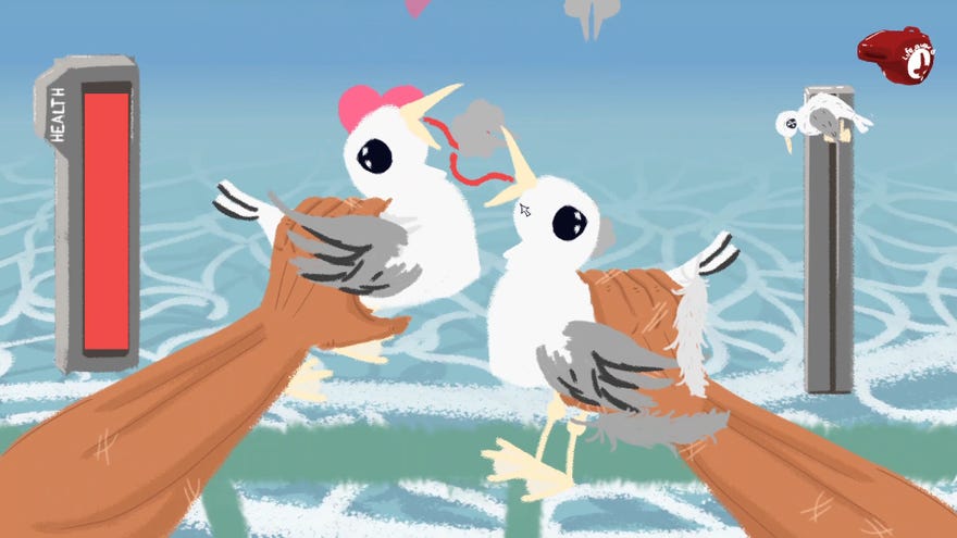 Two hands hold two seagulls with entwined tongues in Hot Seagulls