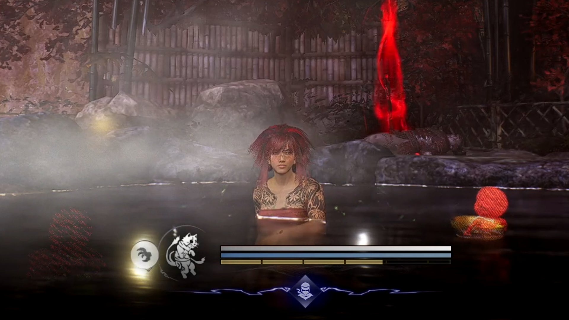 A Nioh 3 character sits in a steamy and peaceful Hot Spring, her health regenerating back to full. - 1