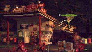 A Hotel Barcelona screenshot showing protagonist Justine wielding dual circular saw blades as she fends off enemies in front of a dilapidated gas station in the forest.