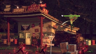 A Hotel Barcelona screenshot showing protagonist Justine wielding dual circular saw blades as she fends off enemies in front of a dilapidated gas station in the forest.
