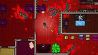 A character in Hotline Miami 2 Wrong Number firing their gun at an enemy, while there are dead bodies all around them