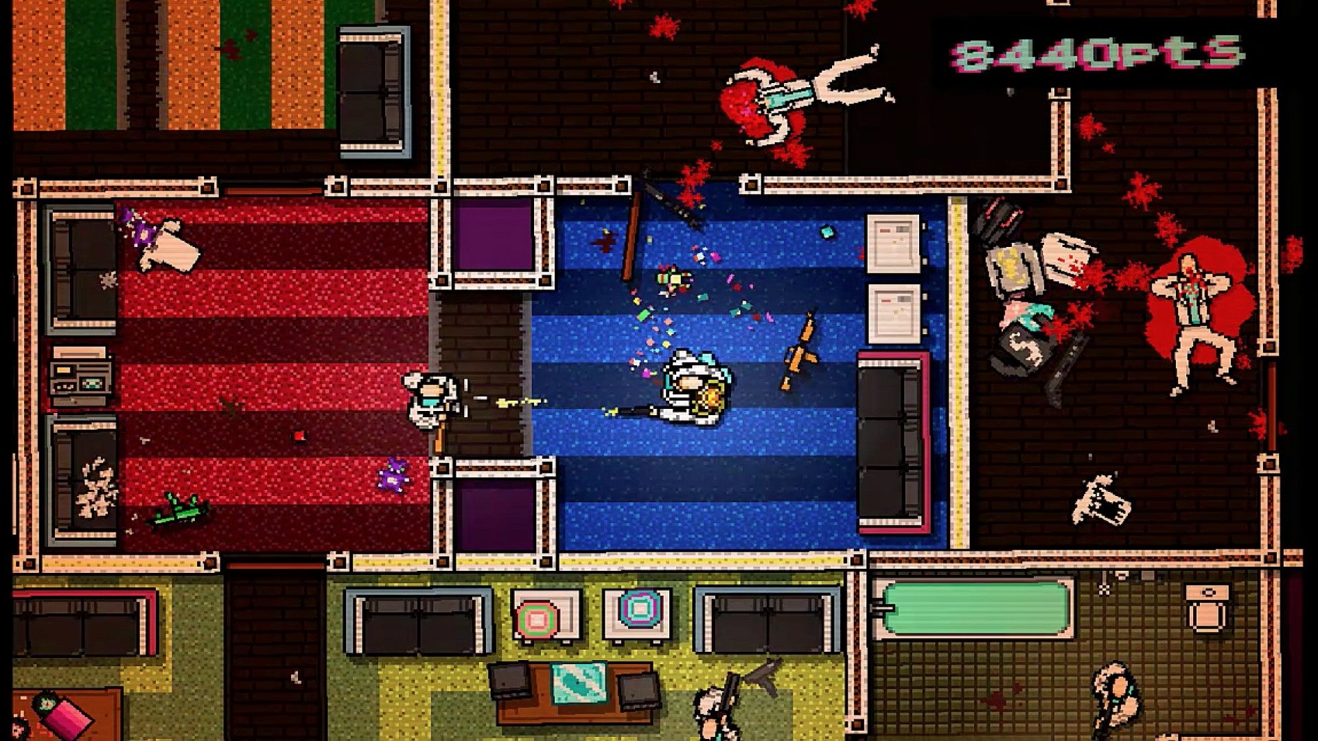 The player goes through a house in Hotline Miami, killing every enemy in their way - 12