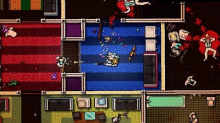 A Hotline Miami screenshot showing a series of interconnected rooms strewn with bloody, white-suited corpses, all rendered in a simple pixel art-style and viewed from above.