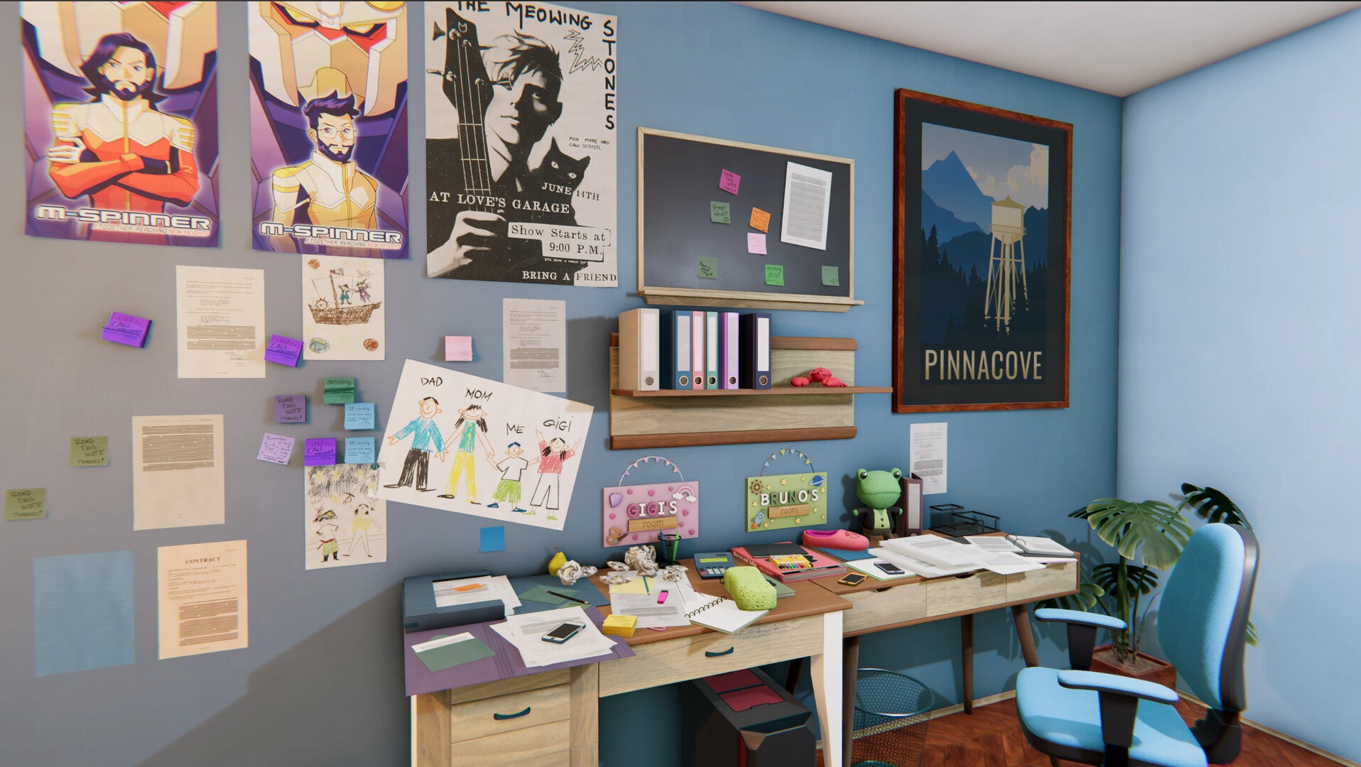 A teenager's room in House Flipper 2; band posters on the wall, superhero posters, and lots of stationary sat on a desk, with post-its all over the walls. - 3
