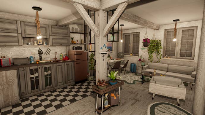 A lovely-looking space in House Flipper 2; all white wood, chequered floors, and soft furnishings.