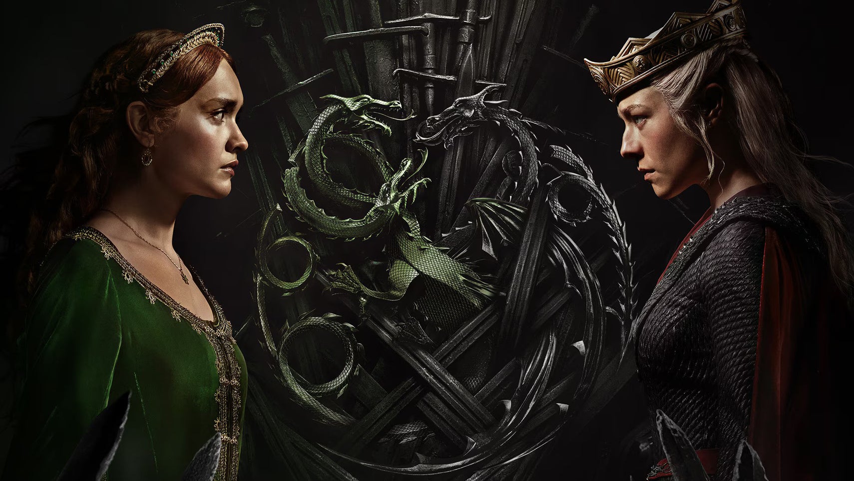 House of the Dragon's Rhaenyra Targaryen and Alicent Hightower staring each other down in front of swords and metal dragons fighting each other. - 1