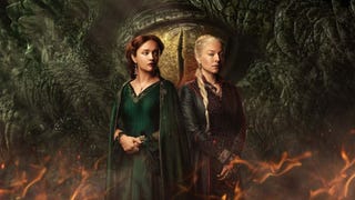 Rhaenyra Targaryen and Alicent Hightower stand next to each other in front of the eye of a dragon in a promotional image for House of the Dragon.