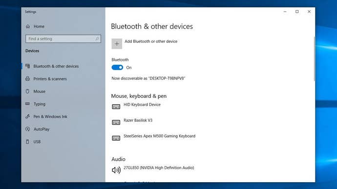 A screenshot of Windows 10’s Bluetooth settings page.