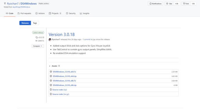 A screenshot of the DS4Windows downloads page on GitHub.