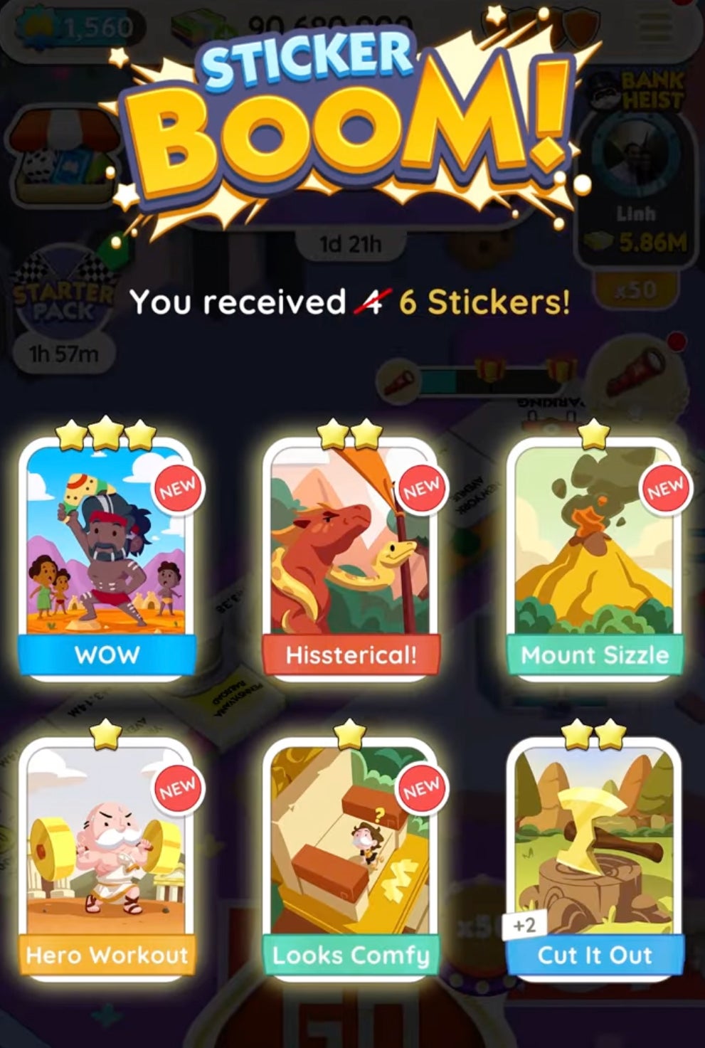 A Monopoly Go menu screen showing a player being awarded more stickers while the Sticker Boom event is running. - 4