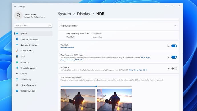 The HDR section of Windows 11’s Display settings, including the toggle for Auto HDR.