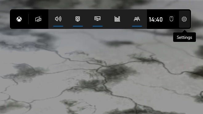 The Xbox Game Bar with the Settings icon highlighted.
