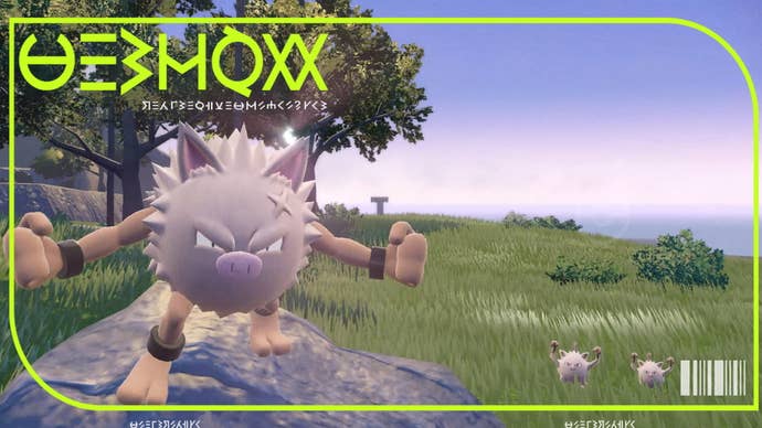 How to evolve Primeape and get Annihilape: A ball of beige fluff with arms, legs, and angry eyes stands on a rock and looks over a field