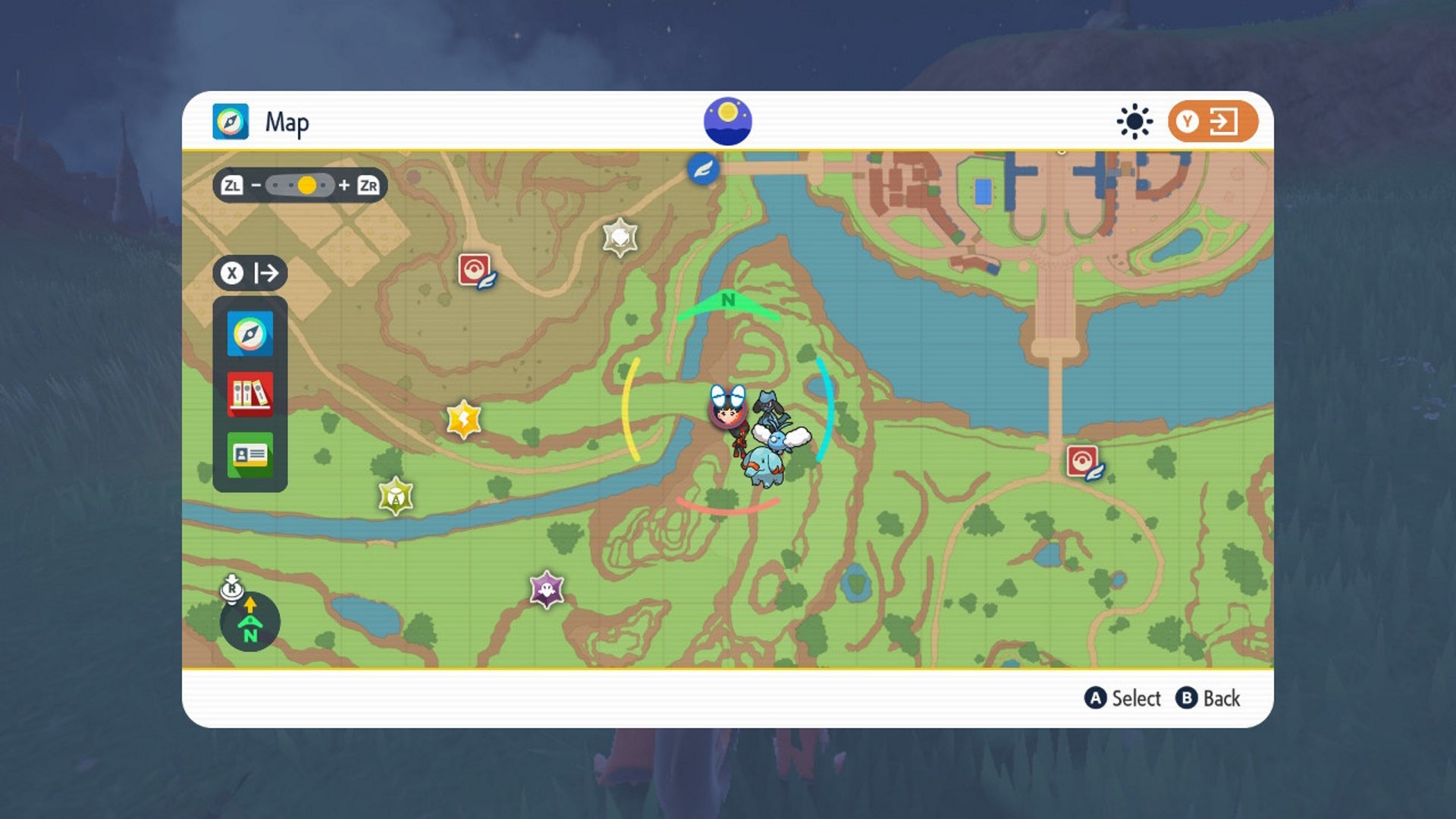 How to get Riolu in Scarlet and Violet: A map image shows a player character standing on the edge of a river near an open plain - 3
