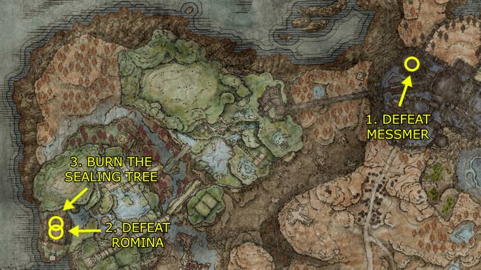 A map showing the locations of the requirements needed to access Enir-Ilim, the endgame of Elden Ring: Shadow of the Erdtree.