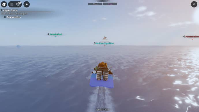 A Roblox character using a surfboard to go to Northern Expedition Island in the fishing game Fisch.