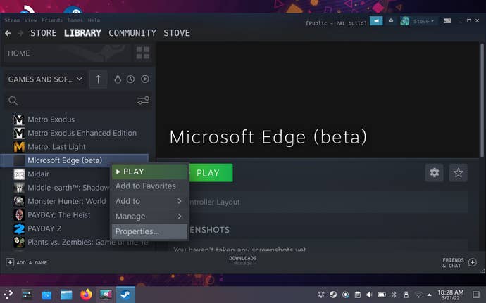 Step 10 of how to get Xbox Cloud Gaming on the Steam Deck: Launch Steam, right-click the Edge beta and select Properties