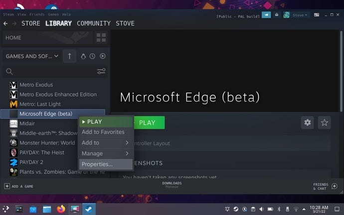 Step 10 of how to get Xbox Cloud Gaming on the Steam Deck: Launch Steam, right-click the Edge beta and select Properties