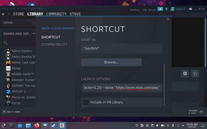 Step 11 of how to get Xbox Cloud Gaming on the Steam Deck: Optionally rename the app. In the launch options field. add a space after the existing text then add –window-size=1024,640 –force-device-scale-factor=1.25 –device-scale-factor=1.25 –kiosk “https://www.xbox.com/play”
