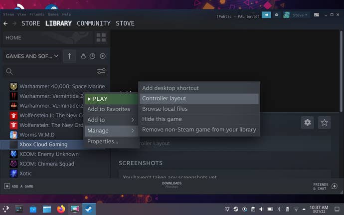 Step 12 of how to get Xbox Cloud Gaming on the Steam Deck: Close properties, right click on Edge again, select Manage, then Controller layout. Click Browse Configs and select Gamepad with Mouse Trackpad