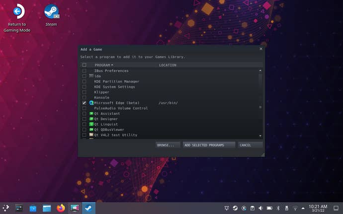 Step 7 of how to get Xbox Cloud Gaming on the Steam Deck: Select the Edge beta and click Add Selected Programs