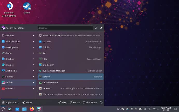 Step 8 of how to get Xbox Cloud Gaming on the Steam Deck: Open Applications launcher and navigate to System > Konsole