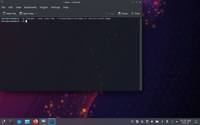 Step 9 of how to get Xbox Cloud Gaming on the Steam Deck: Type in flatpak –user override –filesystem=/run/udev:ro com.microsoft.Edge then press Enter