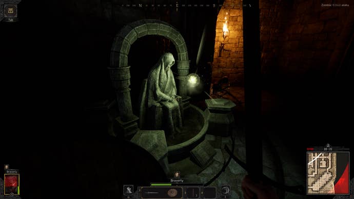 How to heal and revive in Dark and Darker: A small stone alter with a stone statue depicting a hooded person in the middle, is faintly illuminated by torchlight and an eerie green glow.