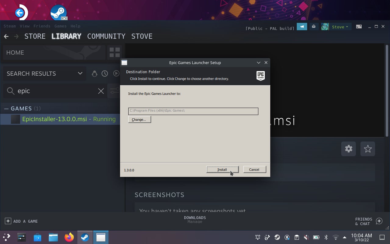 Step 7 of how to install the Epic Games Launcher on the Steam Deck: Closing the properties window and launching the installer through Steam. - 19