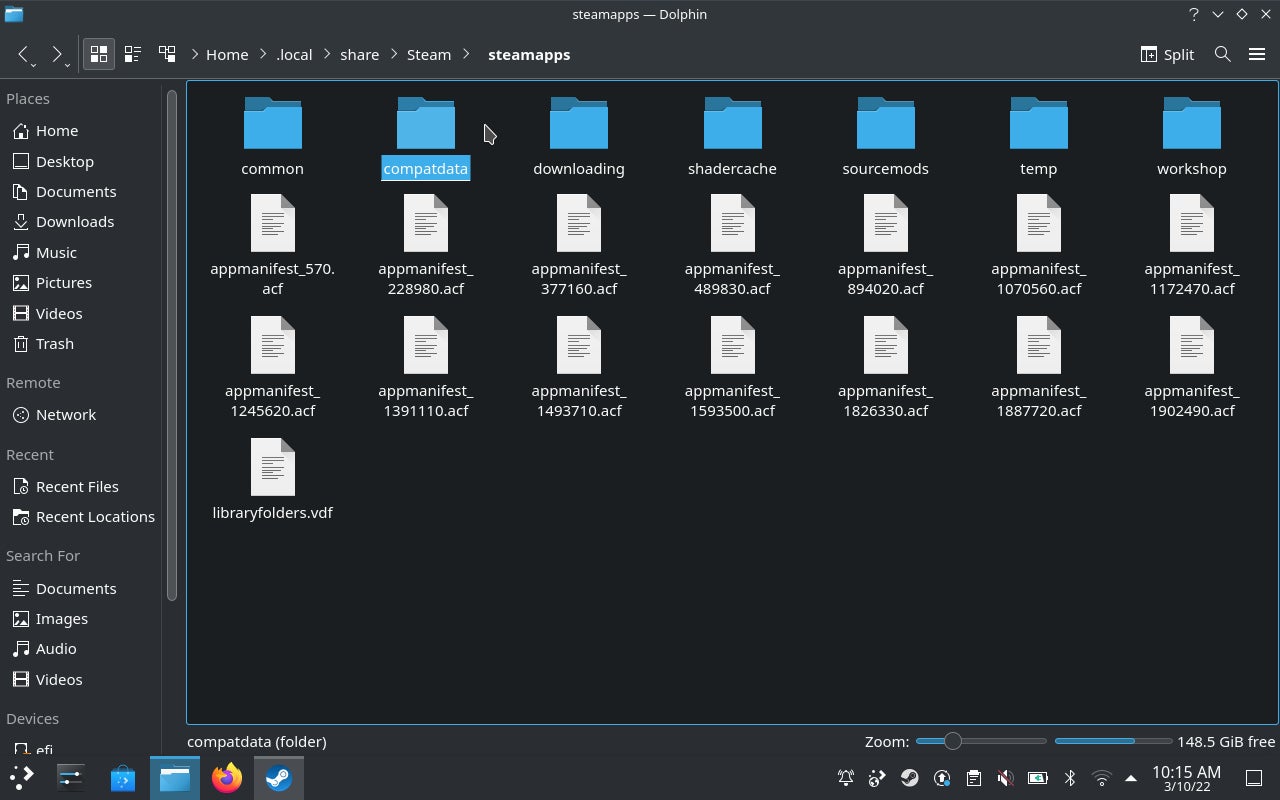 Step 8 of how to install the Epic Games Launcher on the Steam Deck: Finding Steam's compatdata folder using the Dolphin file manager. - 20