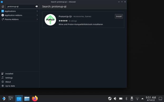 Step 2 of how to install Proton GE on the Steam Deck: search for ProtonUp-Qt in the Discover app store.