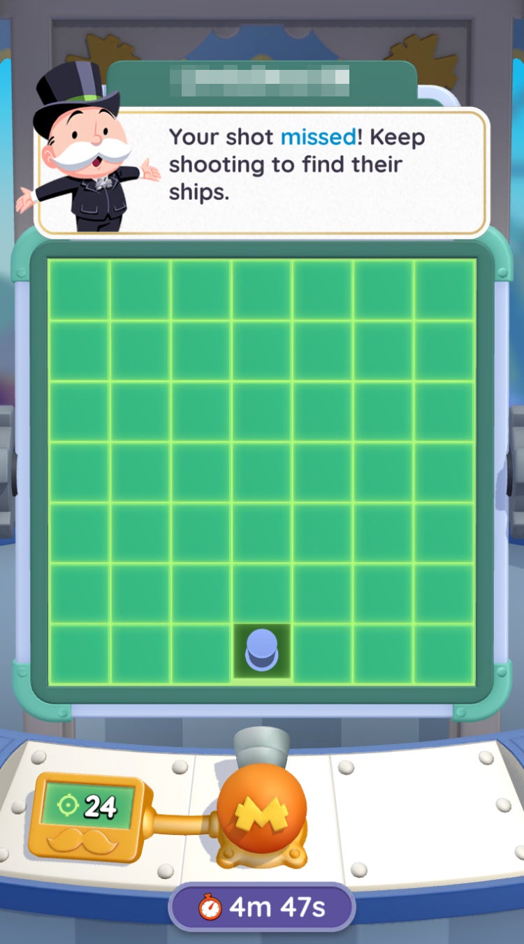 A Monopoly Go user interface explaining a player missed a shot when trying to hit an opponent's ship in the Battleship mini-game. - 4