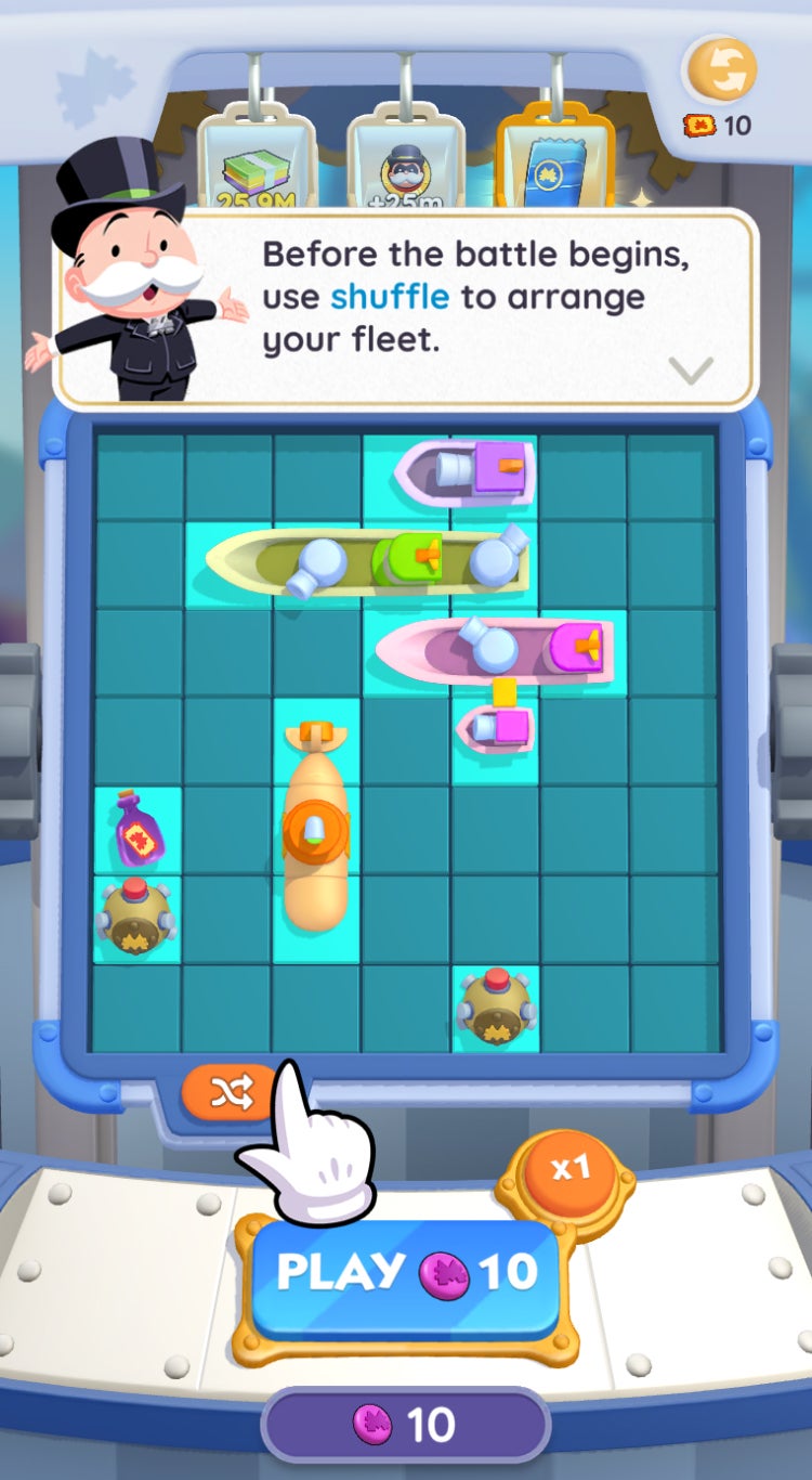 A Monopoly Go user interface explaining how to play the Battleship event and setup your fleet. - 3