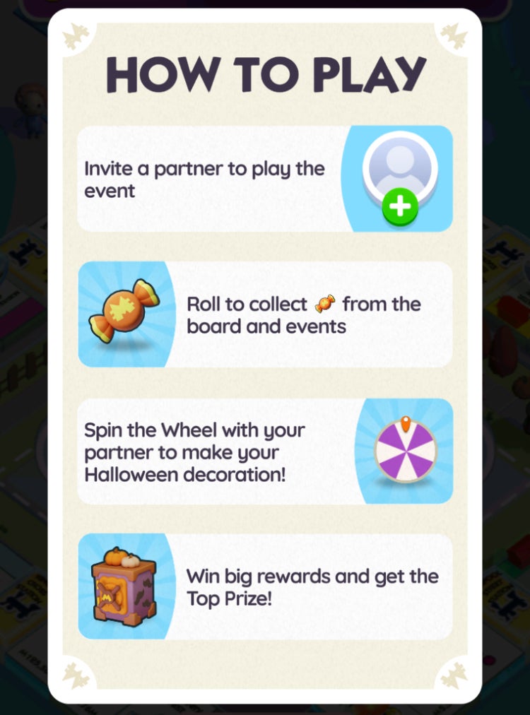 A Monopoly Go menu screen explaining how to play the Halloween Partners event that launched in October 2025. - 4