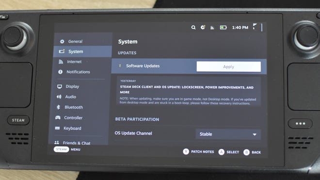 Step 1 of how to set the Steam Deck lock screen: Apply the latest software update in the Steam Deck’s System settings.