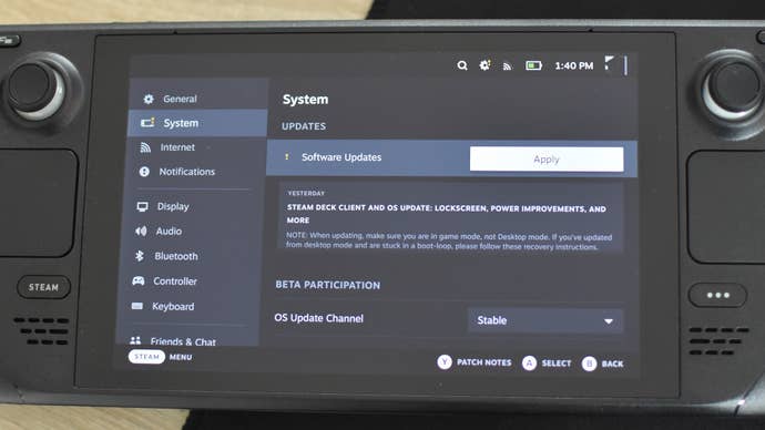 Step 1 of how to set the Steam Deck lock screen: Apply the latest software update in the Steam Deck’s System settings.