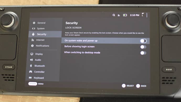 Step 3 of how to set the Steam Deck lock screen: Enter the new Security settings menu and activate one of the three lock screen toggles.
