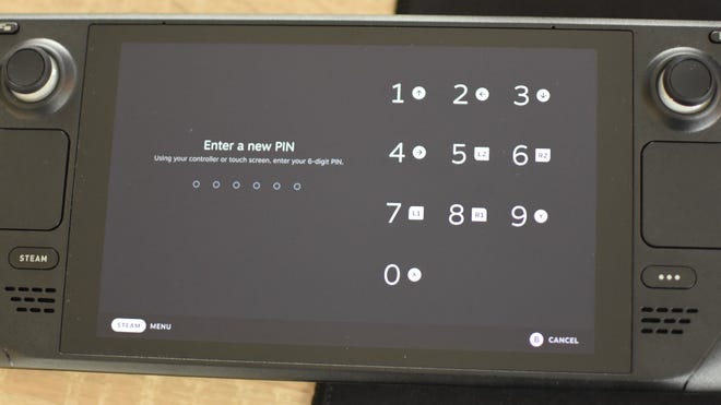 Step 4 of how to set the Steam Deck lock screen: enter a new PIN, then enter it again to confirm.