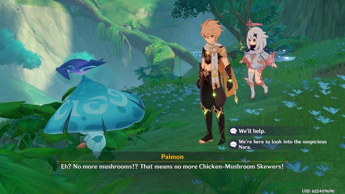 Genshin Impact Vimana Agama quest: A blonde man and silver-haired fairy speak with a blue mushroom