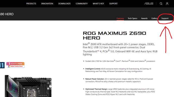 A screenshot of the official Asus ROG Maximus Z690 Hero product page, showing where the Support section is.