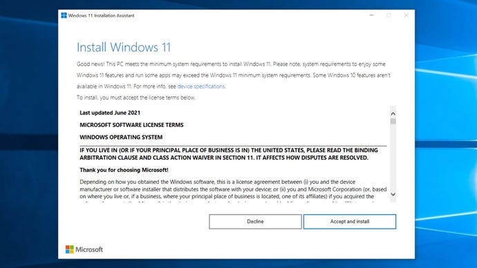 The first step of the Windows 11 Installation Assistant, showing the user agreement.
