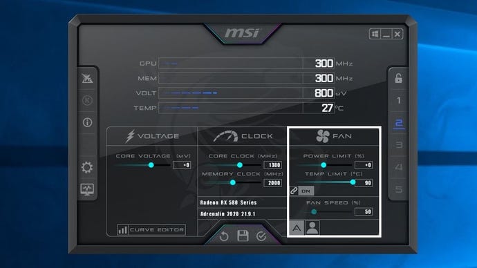 A screenshot of the MSI Afterburner software, highlighting the Fan control section.