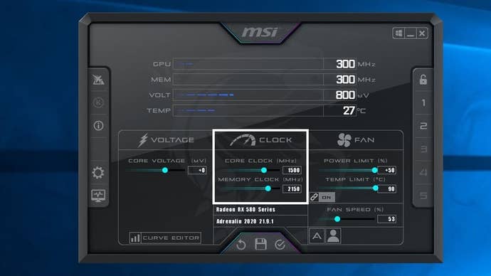 A screenshot of the MSI Afterburner software, highlighting the Core and Memory Clock Speed sliders.