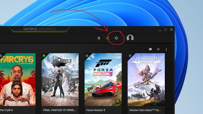 A screenshot of Nvidia GeForce Experience with the Settings icon highlighted.