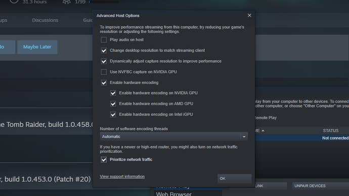 Step 2 of how to use Steam Remote Play on the Steam Deck: Customise the Advanced Host Options in the Remote Play section of your PC’s Steam settings.