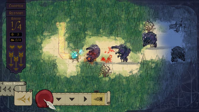 Howl screenshot showing a scratchy hand-drawn style environment where a small hooded figure battles jagged werewolves in a rich green forest