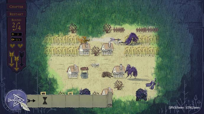 A warrior fires their bow at a wolf attacking a village in Howl