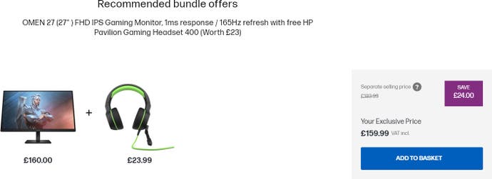 screenshot showing the hp omen monitor and pavilion headset deal option on the hp store website